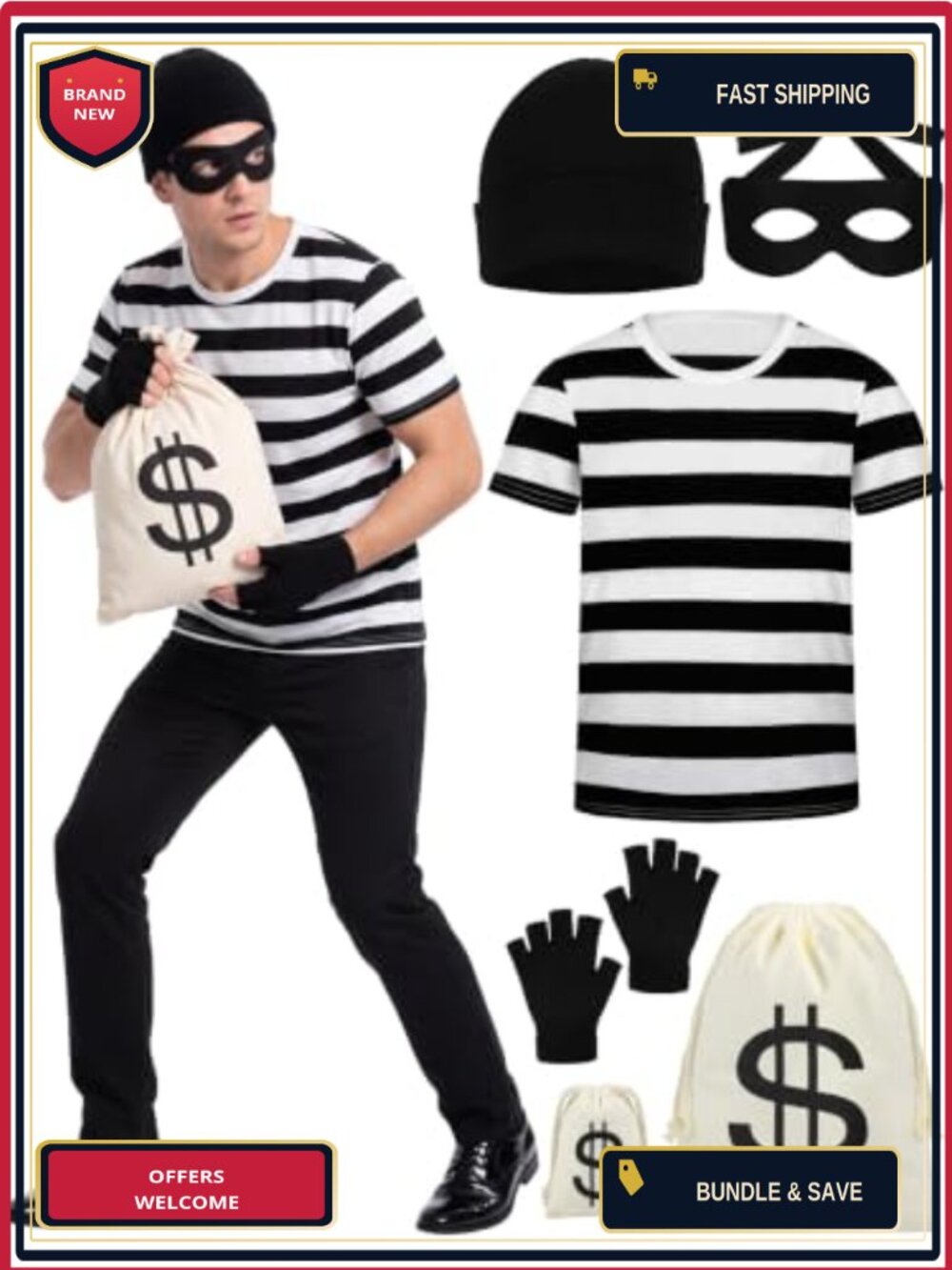 Adult Robber Costume Set T-Shirt Beanie Money Bag Eye Mask Gloves Cosplay